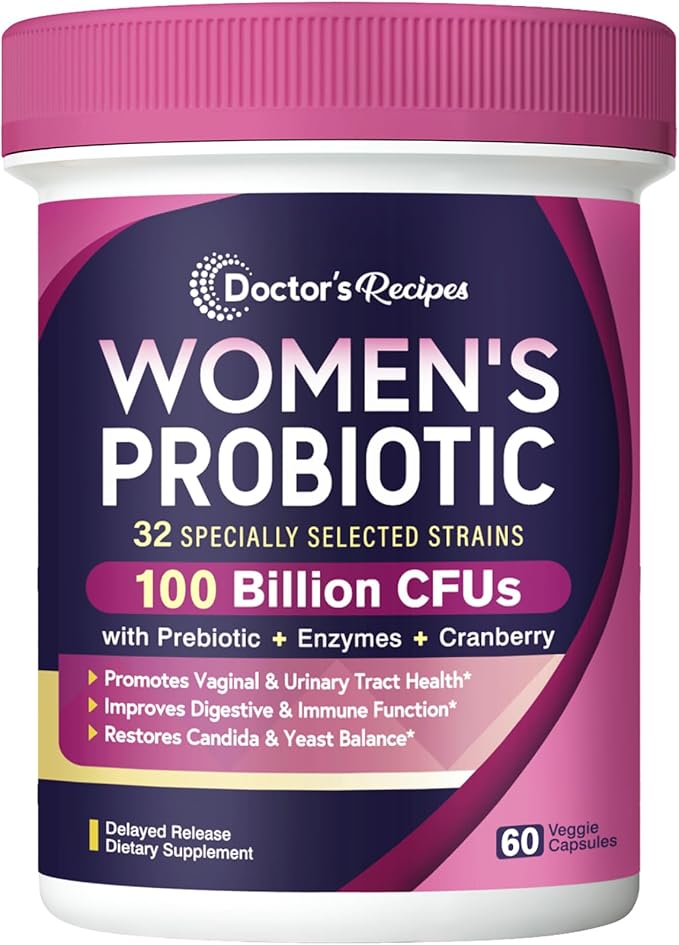Doctor's Recipes Probiotics for Women, 100 Billion CFU 32 Strains, with Prebiotic Fiber, Enzymes & Cranberry, Vaginal Urinary Digestive & Immune, No Yeast, Shelf Stable, Delayed Release, 60 Caps