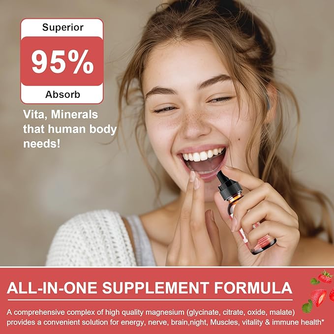 Magnesium Glycinate Liquid Spray with Citrate, Oxide & Malate, Magnesium with Whole Vitamin, L-Theanine, D3K2, B6 for Heart, Leg Cramps,Muscles&Energy- Sugar-Free Strawberry Flavor, 2 Fl Oz