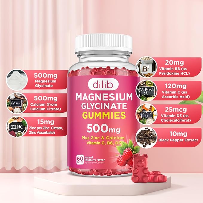Magnesium Glycinate Gummies 500mg Magnesium Supplement with Calcium, Zinc, Vitamin C, B6, D3-Calm Chewable Gummies for Kids & Adults-Sleep, Mood & Muscle Support-Raspberry Flavor, 60 Gummies