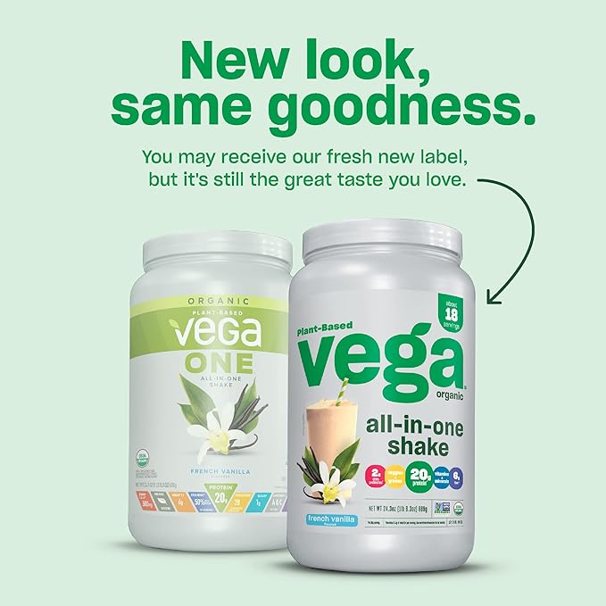 Vega Organic All-in-One Vegan Protein Powder, French Vanilla -Superfood Ingredients, Vitamins for Immunity Support, Keto Friendly, Pea Protein for Women & Men, 13.5 oz (Packaging May Vary)