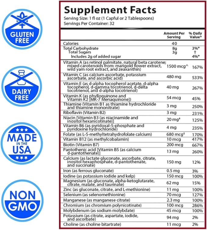 DRUCKER Labs 2.0 Organic Liquid Trace Minerals, Liquid Multivitamin for Kids, Immune Support, Non GMO, Dairy Free, Gluten Free, Magnesium, Vitamin D, C, E, Zinc, (32 oz., Fruity Raspberry)
