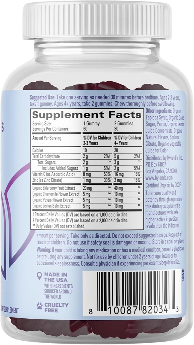 Hyland's Kids - Melatonin Free Organic Sleep Aid Gummies with Calm & Immune Support - with Chamomile, Elderberry & Passion Flower, Helps with Sleeplessness & Restlessness, 60 Vegan Gummies