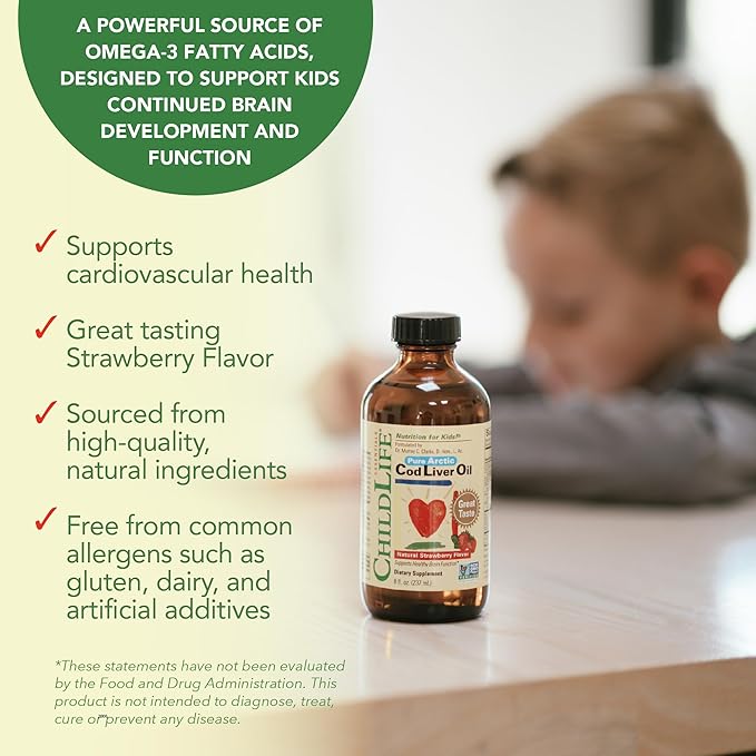 CHILDLIFE Essentials Cod Liver Oil for Kids - Liquid, Arctic Cod Liver Oil for Babies 6+ Months, Toddlers, & Children, Added DHA, EPA, Omega-3 Fatty Acids - Strawberry, 8 fl oz