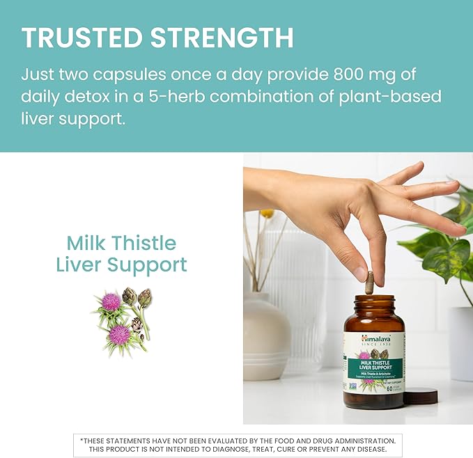 Himalaya Milk Thistle Liver Support Capsules, 60 Count, Silymarin Milk Thistle 350 mg, with Artichoke, Chicory, Andrographis & Dandelion, Supports Liver Function & Cleansing