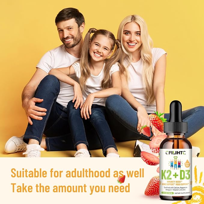 Vitamin D3 K2 Drops for Kids - Omega 3, Vitamin E, Calcium, Magnesium & Zinc for Better Absorption - Liquid MK7 1000 IU D3 for Healthy Bones, Teeth & Heart Support - Non-GMO, 2 Fl Oz