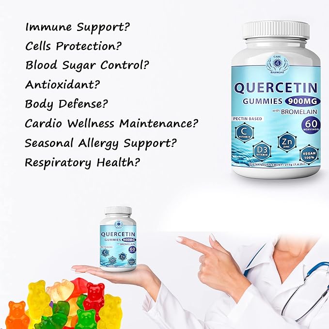 Quercetin Gummies - Quercetin with Bromelain Vitamin C + Zinc Vitamin D3 β Chewable Quercetin 900mg Supplements - Quercetin for Kids and Adults (1)