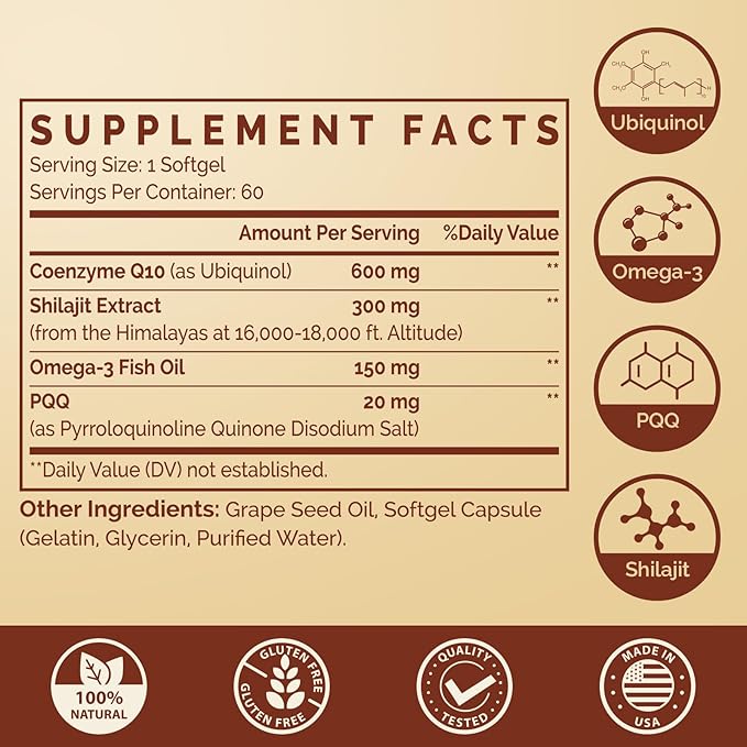 Ubiquinol CoQ10 600 MG Softgels with Omega-3 & Shilajit & PQQ, Advanced Dual-Delivery Coenzyme-Q10, Active CoQ10 Ubiquinol Supplement for Fertility, Antioxidant, Heart, Brain & Energy, 60 Servings
