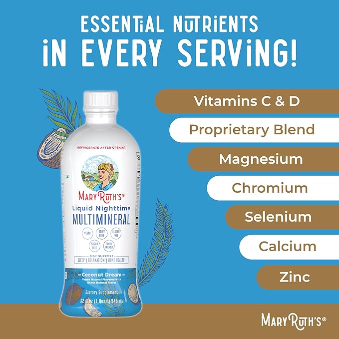 MaryRuth's Liquid Nighttime Multimineral | Sugar Free | Calm Magnesium Citrate | NO Melatonin | Calcium Magnesium Zinc | Muscle Relaxation | Available in 4 Flavors | Vegan | Gluten Free | 32 Servings