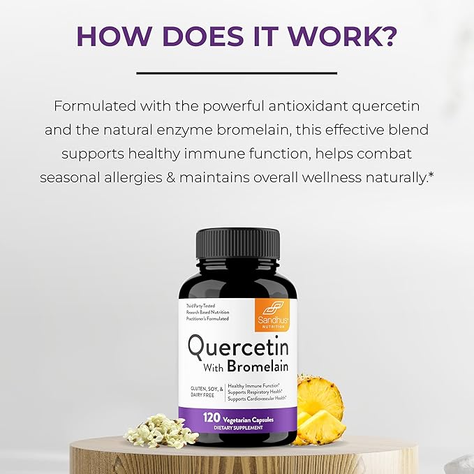 Sandhu's Quercetin with Bromelain 1000mg Per Serving 120 Count Vegetarian Capsules Bioflavonoids Supplement Complex Supports Immune, Cardiovascular & Respiratory Health