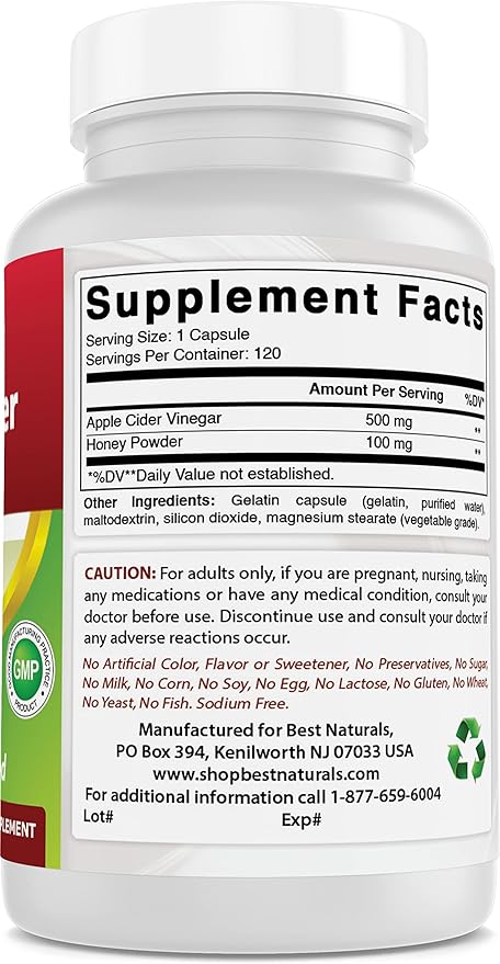 Best Naturals Apple Cider Vinegar Plus 600 Mg 120 Capsules - Vinegar Capsules for Healthier Digestion, Cleanse Body Naturally (Pack of 2)