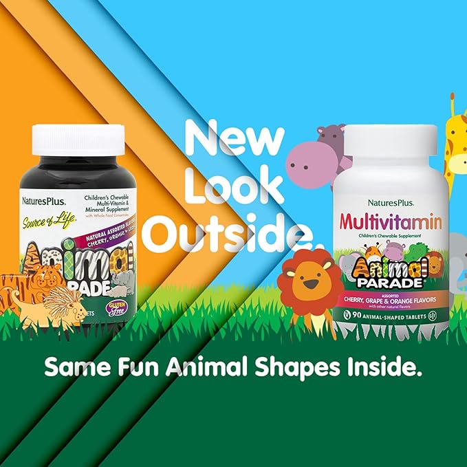 Natures Plus Animal Parade Children's Chewable Multivitamin - 90 Animal-Shaped Tablets - Natural Assorted Flavors - Vegan, Gluten Free - 45 Servings