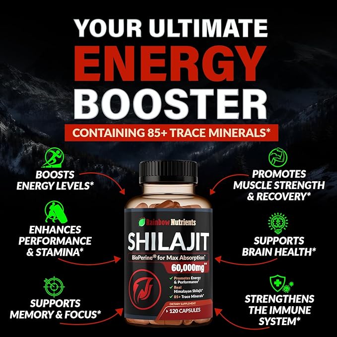 Pure Himalayan Shilajit Capsules Supplement (60,000mg+ Absorption Enhancer+50% Fulvic Acid) Natural 30:1 Shilajit with 85+ Trace Minerals for Energy, Performance, Immune Support| Non GMO| 120 Pills