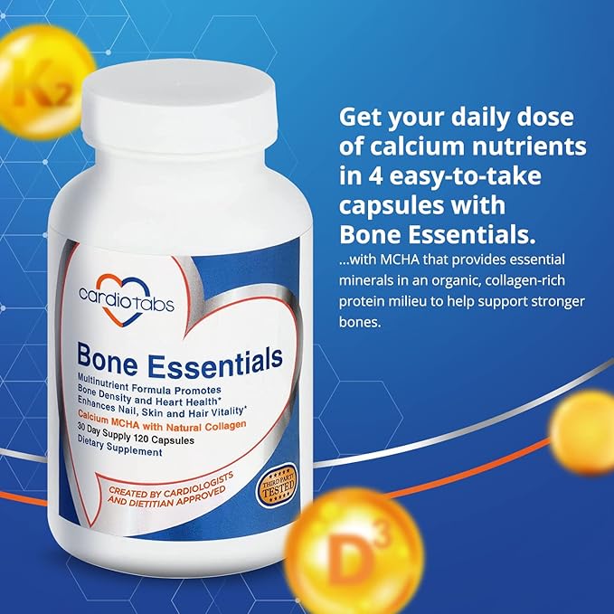 Bone Essentials with MCHA & Collagen, Calcium Supplement w/Calcium Hydroxyapatite for High Absorption, Bone Density and Heart Supplement w/Vitamins, Minerals & Proteins, 120 Capsules