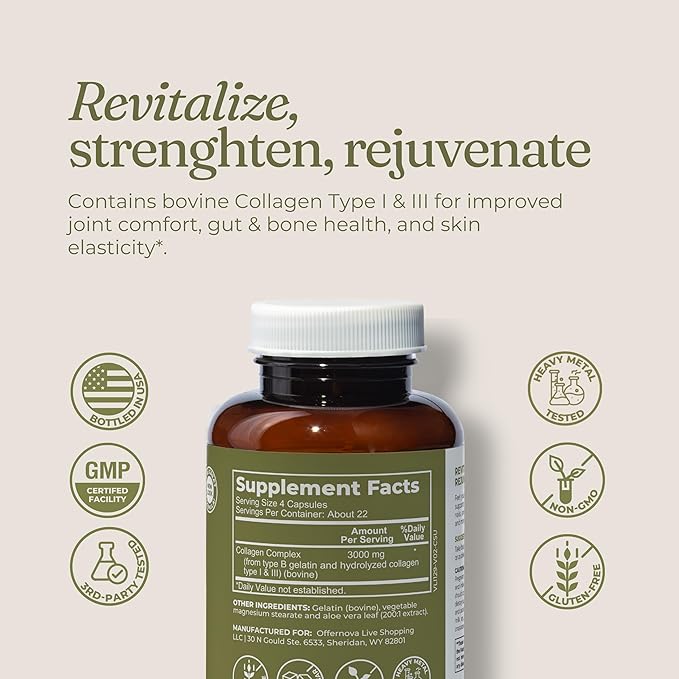 Collagen Ultra Hydrolyzed Collagen Supplements - 3000mg Anti Aging Bovine Collagen Peptides for Healthy Joints, Bones, Hair and Skin. Pastilla de Colageno Hidrolizado, 90 Capsules
