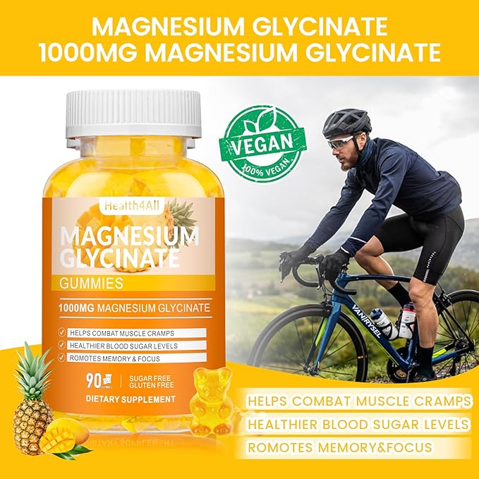 Magnesium Glycinate Gummies 1000mg, High Absorption Sugar Free Magnesium Potassium Supplement for Relaxation, Stress Relief, and Sleep Support for Adults & Kids - 90 Mango Pineapple Gummies