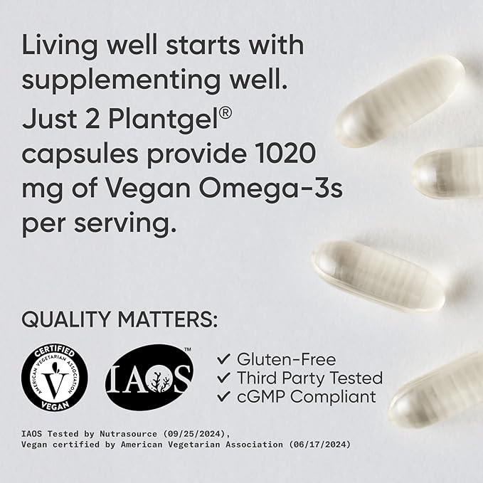 Sports Research Vegan Omega-3 Fish Oil Alternative from Algae Oil - Highest Levels of DHA & EPA Fatty Acids | Non-GMO Verified & Vegan Certified - Fresh Lemon Scent - 60 Veggie Softgels
