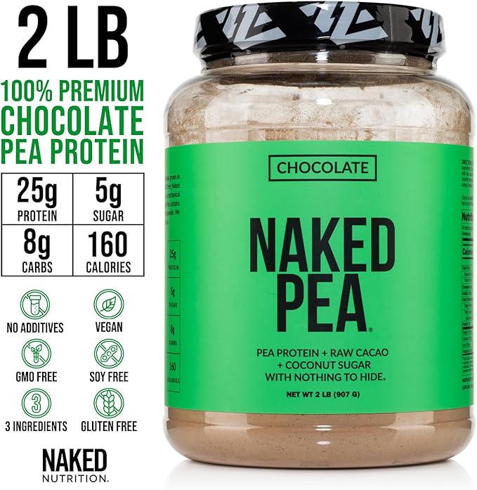 NAKED Chocolate Pea Protein Isolate from North American Farms, Only 3 Ingredients, Chocolate Vegan Protein, Gluten-Free, Soy Free, GMO Free - 2LB