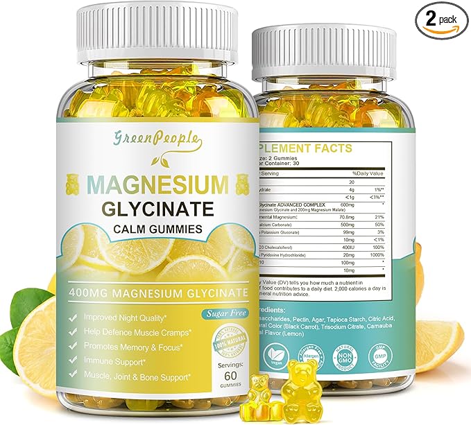 Magnesium Glycinate Gummies 400mg - Sugar Free Magnesium Potassium Supplement with Magnesium Malate, Vitamin D, B6, and CoQ10 for Calm Support & Sleep for Adults - Lemon Gummies