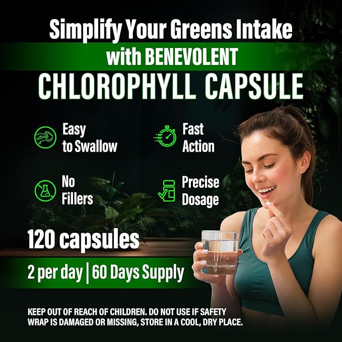 Benevolent Chlorophyll Capsules 350mg - 100% Natural + Ultra Chlorophyll 20x Potency Concentration for Energy Boost, Immune Support, Internal Deodorant, Skin Health, Non-GMO, 120 Capsules