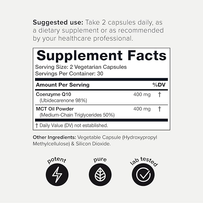 CoQ10 400mg Extra Strength - Ultra High Purity with MCT Oil for Superior Absorption - 98% Purified - Third-Party Tested, 60 Veggie Capsules