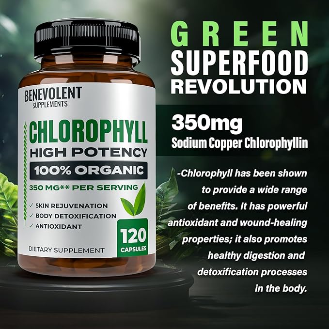 Benevolent Chlorophyll Capsules 350mg - 100% Natural + Ultra Chlorophyll 20x Potency Concentration for Energy Boost, Immune Support, Internal Deodorant, Skin Health, Non-GMO, 120 Capsules