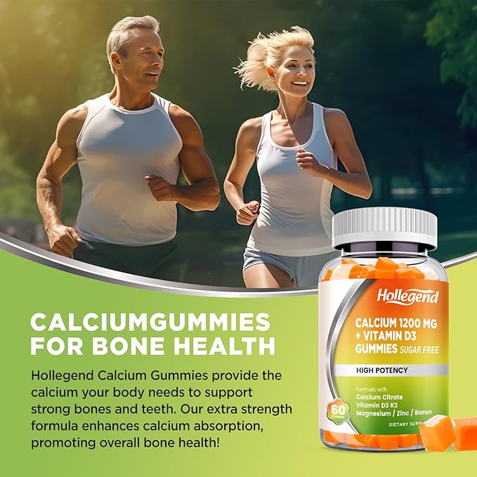 Calcium 1200 mg with Vitamin D3 Gummies, Calcium Citrate Chewables with Magnesium Zinc Vitamin K2 Boron, Bone Health, Sugar Free, 60 Count