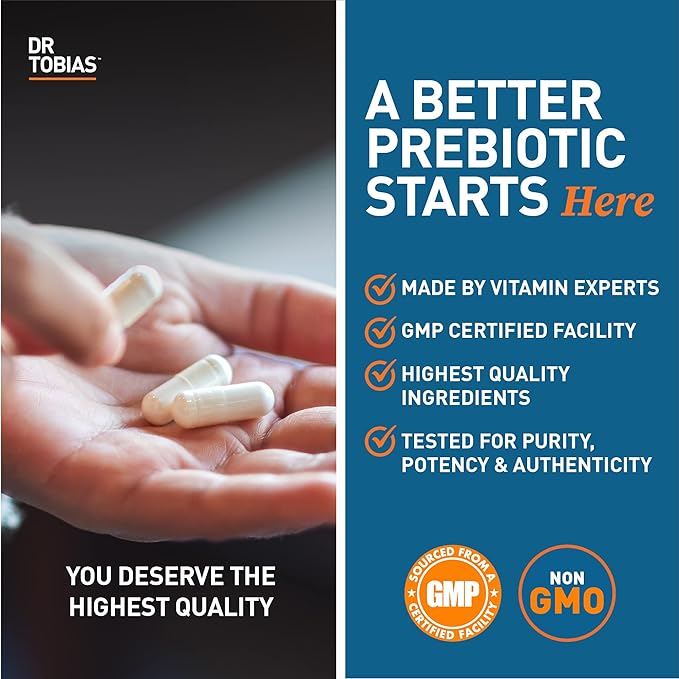 Dr. Tobias Prebiotics, Supports Digestion & Gut Health, Feed Good Probiotic Bacteria, Boost Gut Immune Function, Vegan & Non-GMO Gut Health Supplements for Men and Women, 30 Capsules, 30 Servings