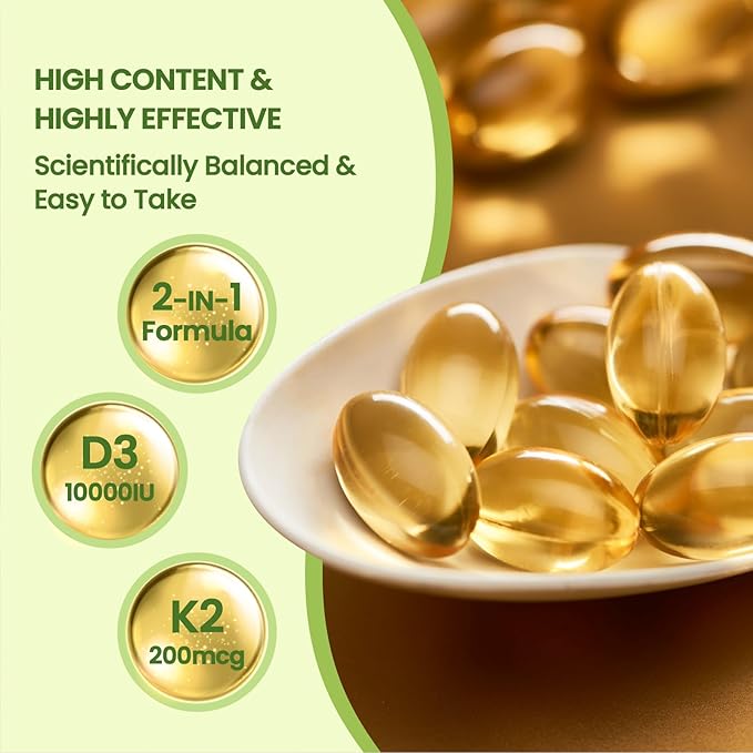 300 Pcs 2 in 1 Vitamin D3 10000 iu Plus K2 (MK-7) 200 mcg Virgin Coconut Oil Softgels with Vitamins D & K Supports Calcium Absorption, Bone, Immune, & Heart Health – Easy to Swallow