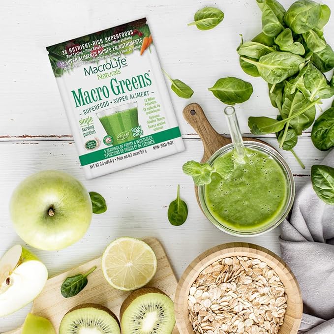 MacroLife Naturals Macro Greens Powder 38 Superfood Probiotic Antioxidant Enzyme & Herbal Supplement Immunity Energy Cleanse - Non-GMO Vegan Gluten-Free Dairy-Free - 12 Packet Servings