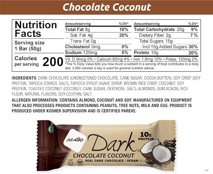 NuGo Dark Chocolate Coconut, 10g Protein Bar, Vegan, Gluten Free, Non-GMO, Kosher Pareve, 24 Count