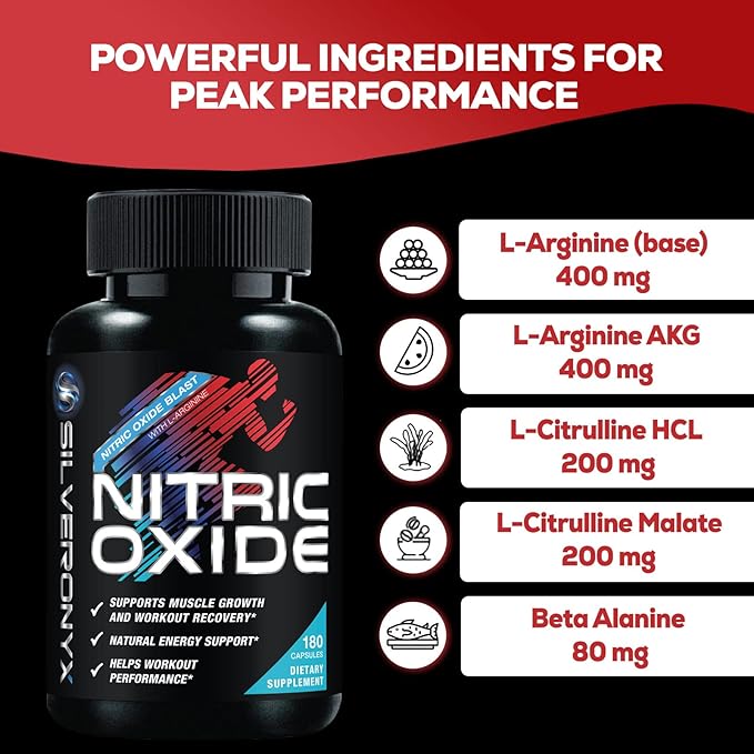 Extra Strength Nitric Oxide Supplement 3X Strength L Arginine, Citrulline Malate, AAKG, Beta Alanine - Premium Muscle Supporting Nitric Booster - Natural Energy & Heart Health Support - 180 Capsules