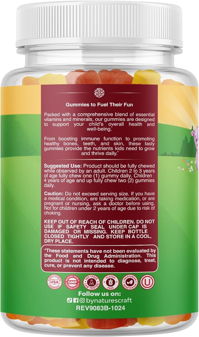 Plant Based Kids Multivitamin Gummies - Multivitamin for Kids Immunity Support Gummies with Vitamins A C D3 E B and Zinc Gelatin and Gluten Free Non-GMO Vitamins Gummy Formula 180ct