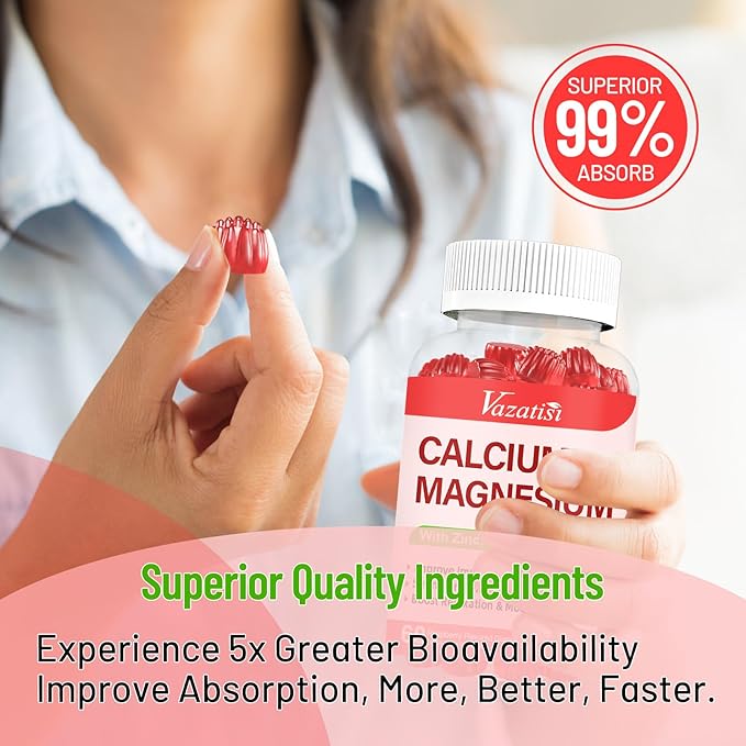 Calcium Magnesium Zinc Gummies with Vitamin D3 & K2, High Absorption Magnesium Glycinate Potassium for Immune and Calm Mood, Raspberry Flavor 120 Gummies