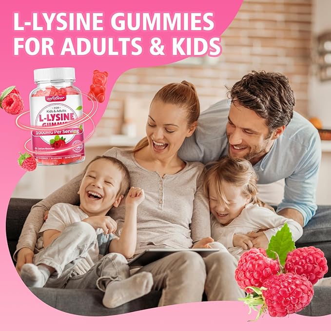 softbear L-Lysine Gummies for Adults & Kids, L Lysine 1000mg Chewable Lysine Supplement for Lips & Oral Health, Immune & Collagen Support, Vegan, Non GMO, Gluten-Free, Raspberry Flavor 60 Count