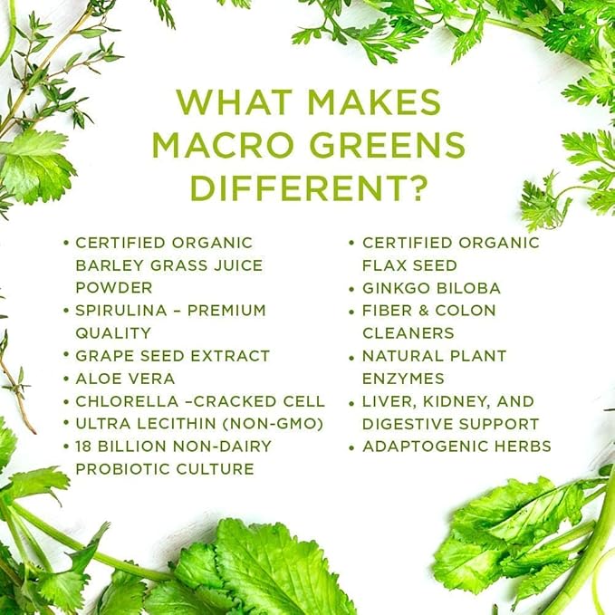 MacroLife Naturals Macro Greens Powder 38 Superfood Probiotic Antioxidant Enzyme & Herbal Supplement Immunity Energy Cleanse - Non-GMO Vegan Gluten-Free Dairy-Free - 12 Packet Servings