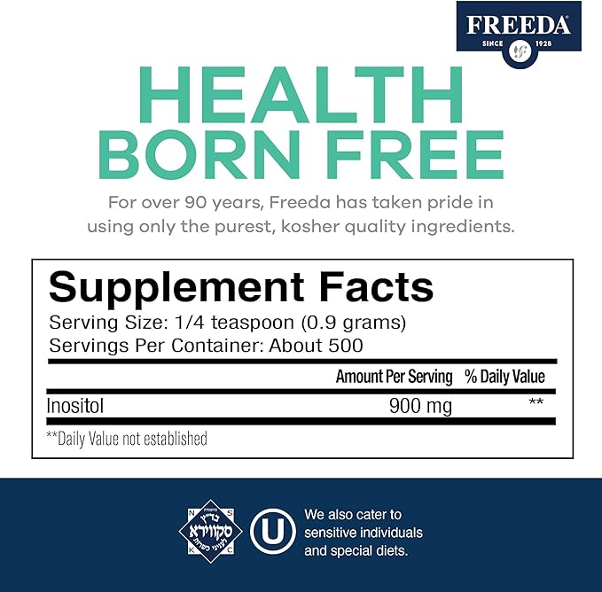 FREEDA Pure Inositol Powder – Myo-Inositol for Mood & Hormone Balance, Kosher, Vegan, Gluten-Free, No Additives, Easy-to-Mix (16 oz, 500 Servings) – Supports PCOS & Fertility