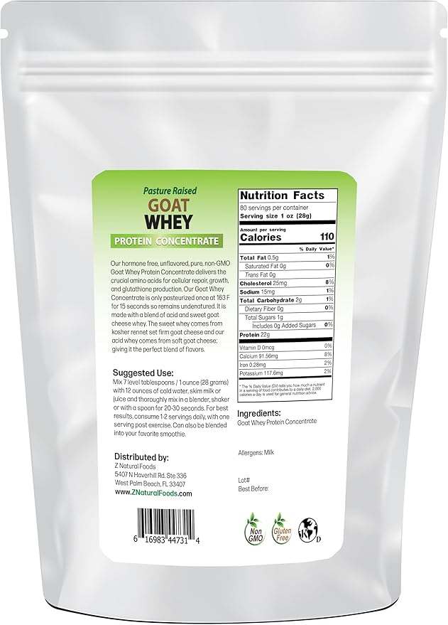 Z Natural Foods Goat Whey Protein Powder Concentrate - Undenatured, Unflavored, Pasture Raised Whey - Clean Goat Protein Powder with Vital Proteins for Weight Management, Immune Support, Fitness, 5 lb