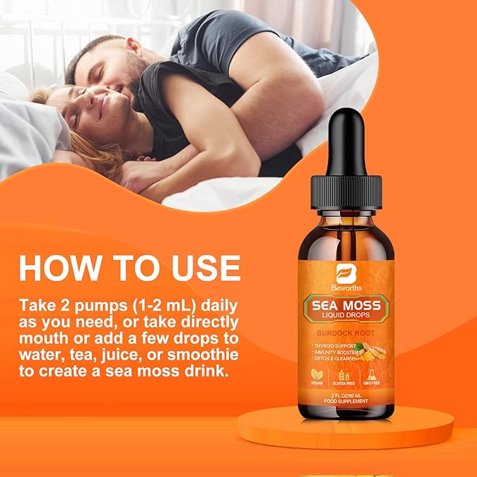 Sea Moss Liquid Drops - Organic Irish Sea Moss Raw Gel with Burdock Root, Tumeric, Spirulina, Seamoss Gel Supplement for Immune, Joint, Digestive Support - 2 Fl Oz, Vegan