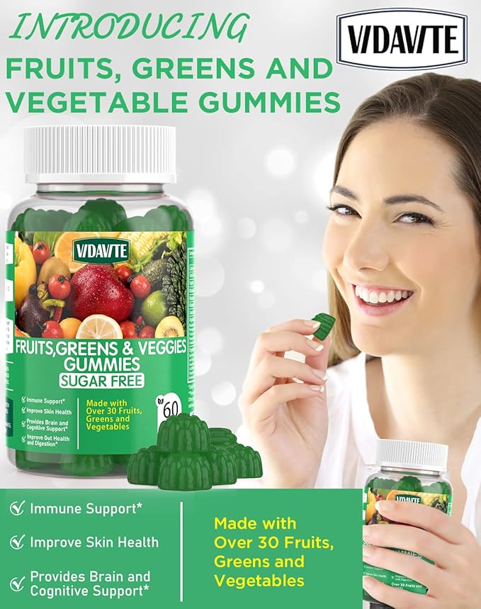Sugar-Free Fruit and Veggie Gummies — 35+ Greens, Fruit and Vegetable Vitamins to Boost Immunity, Skin & Gut Health — Ideal Fruit and Vegetable Supplement for Adults & Kids (60 Gummies)
