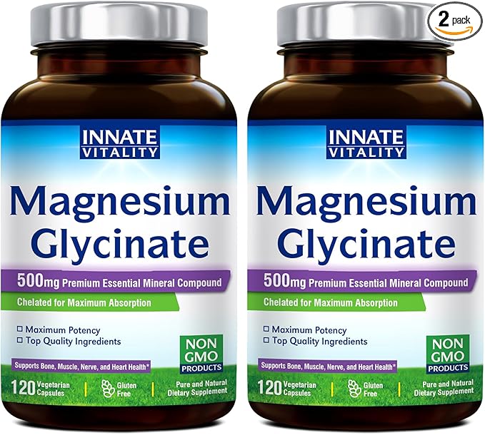 Innate Vitality Magnesium Glycinate 500mg | 70mg Elemental Magnesium Supplement- High Absorption, Non-GMO & No Gluten - Supports Nerve, Muscle, Bone & Heart Health - 240 Vegan Capsules Magnesio