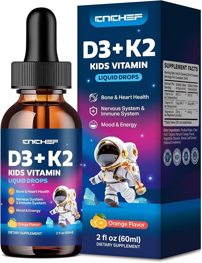 Vitamin D3 K2 Drops for Kids - Liquid Supplement with Magnesium for Calcium Absorption, Joint Health, Teeth & Heart - Non-GMO, Vegan, Orange, 2 Fl Oz - Kids Ages 4+