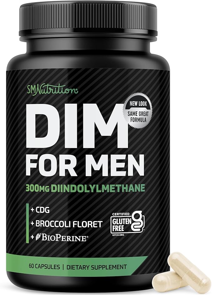 DIM 300mg For Men, Estrogen Blocker & Aromatase Inhibitor | Extra Strength Men’s Hormone Balance & Fitness Booster Supplement with Diindolylmethane Plus CDG & Sulforaphane | Gluten-Free | 60 Capsules