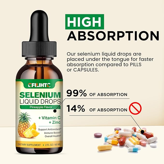 2 Pack Selenium Liquid Drops, 200mcg Liquid Selenium Supplement with Vitamin C & Zinc, Support for Immune System, Antioxidant & Heart Health, High Absorption, Pineapple Flavor