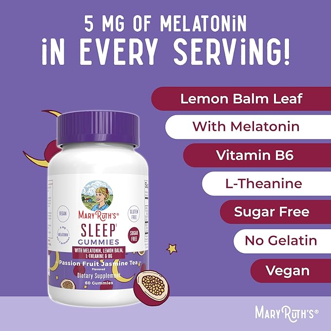MaryRuth Organics Melatonin 5mg Sleep Gummy with L-Theanine | Lemon Balm | Vitamin B6 | Sugar-Free | Relaxation | Vegan | Non-GMO | Gluten Free | 60 Count