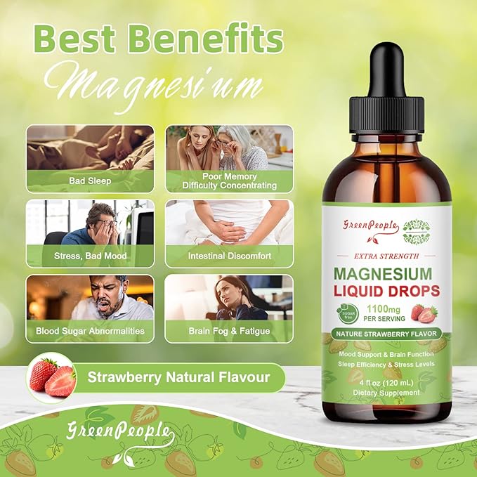 Magnesium Glycinate Liquid Drop - 17-in-1 Triple Absorption Magnesium Supplement with Magnesium Glycinate 400mg & Citrate 500mg for Calm Mood/Muscle & Sleep,4 fl. oz Strawberry Flavor