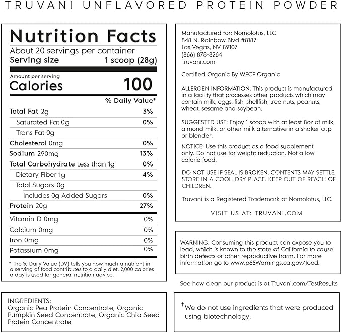 Truvani Vegan Pea Protein Powder | Unflavored | 20g Organic Plant Based Protein | 20 Servings | Keto | Gluten & Dairy Free | Low Carb | No Added Sugar