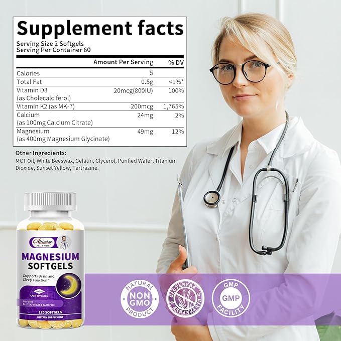 High Absorption Magnesium Glycinate 400mg Softgels Supplement, Magnesium with Calcium - Highly Bioavailable - with Vitamin D3 & K2, for Sleep, Mood, Brain Support