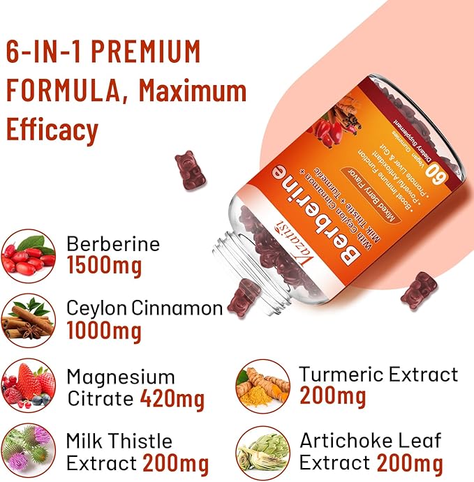 Berberine Gummies, Berberine HCL with Ceylon Cinnamons, Magnesium Citrate, Milk Thistle Supplement for Adult and Kids, Mixed Berry Flavored 120 Cts