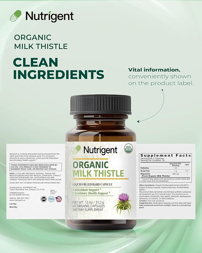 USDA Organic Milk Thistle Supplement 25:1 Extract, 8750 mg Strength, Silymarin Supplement 280 mg, Liquid Organic Capsules, Liver Health & Detox Support, Non-GMO, 60 Count