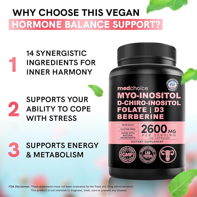 14-in-1 Inositol Supplement & Hormone Support for Women - 40:1 Myo-inositol & D-Chiro Inositol Ovarian Support Capsules for Hormone Balance with Folate, Vitamin D and B12 (120 count) (Pack of 1)